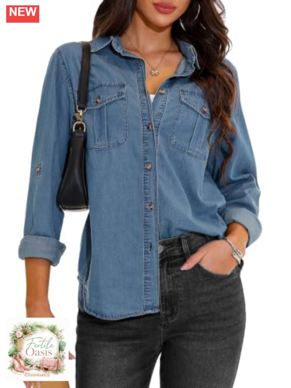 Women's Oversized Western Button Down Denim Shirt Soft Cotton